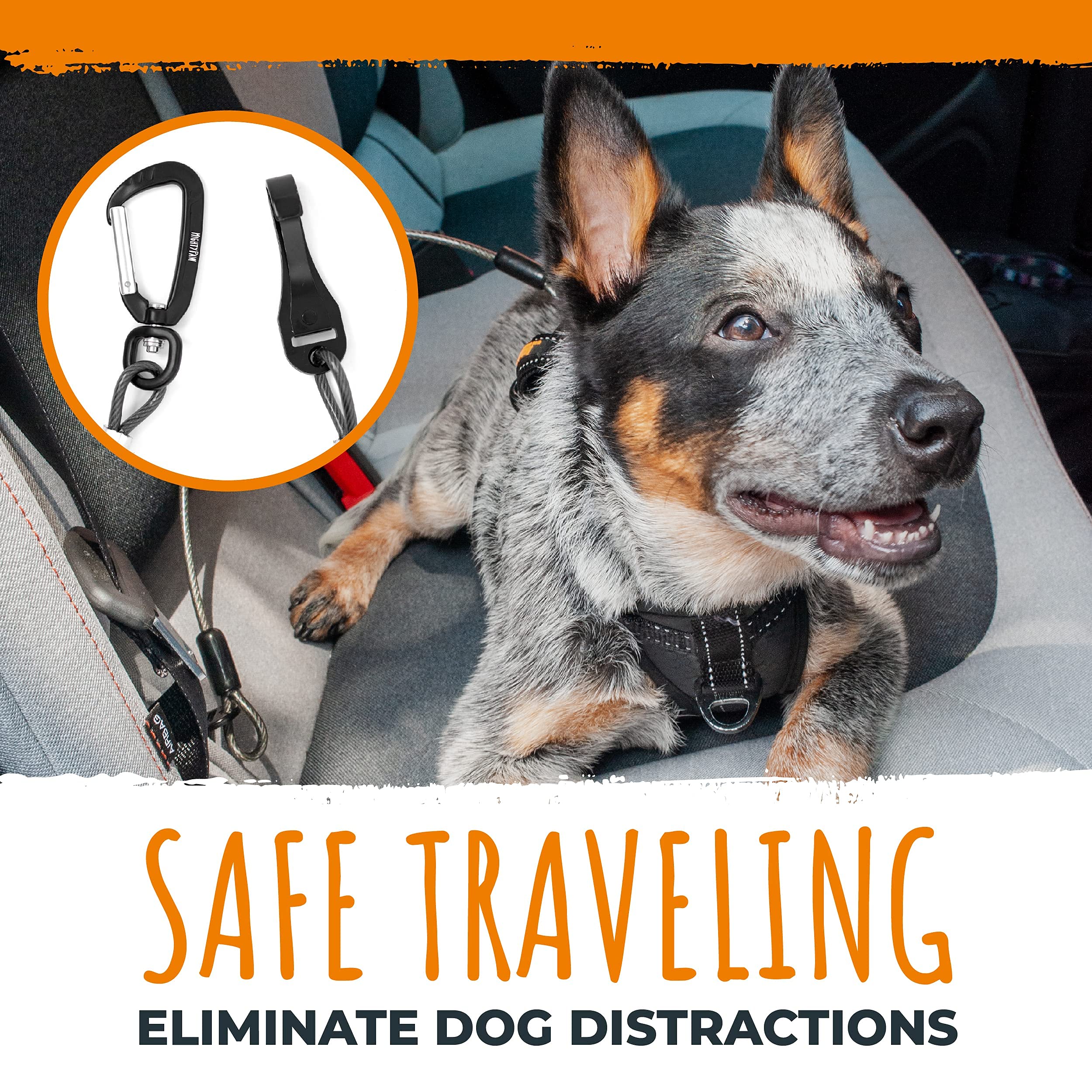 Mighty Paw dog seat belt in-vehicle-fit demonstrates frame attachment using latch bars for secure travel.