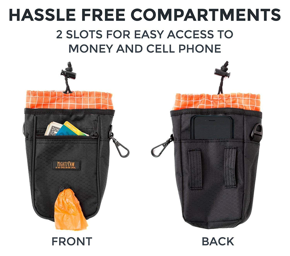 Mighty Paw dog treat bag includes pick-up bags for convenient cleanup
