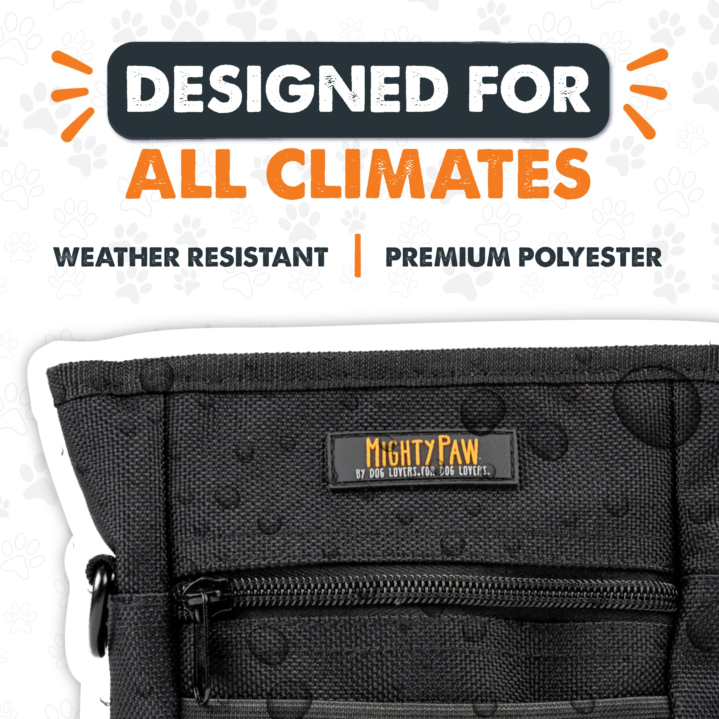Mighty Paw dog treat pouch close up illustrating durable materials and compact design.