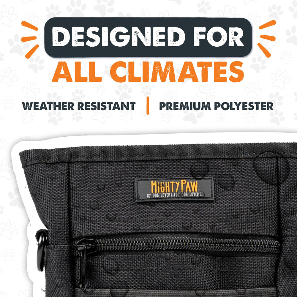 Mighty Paw dog treat pouch close up illustrating durable materials and compact design.