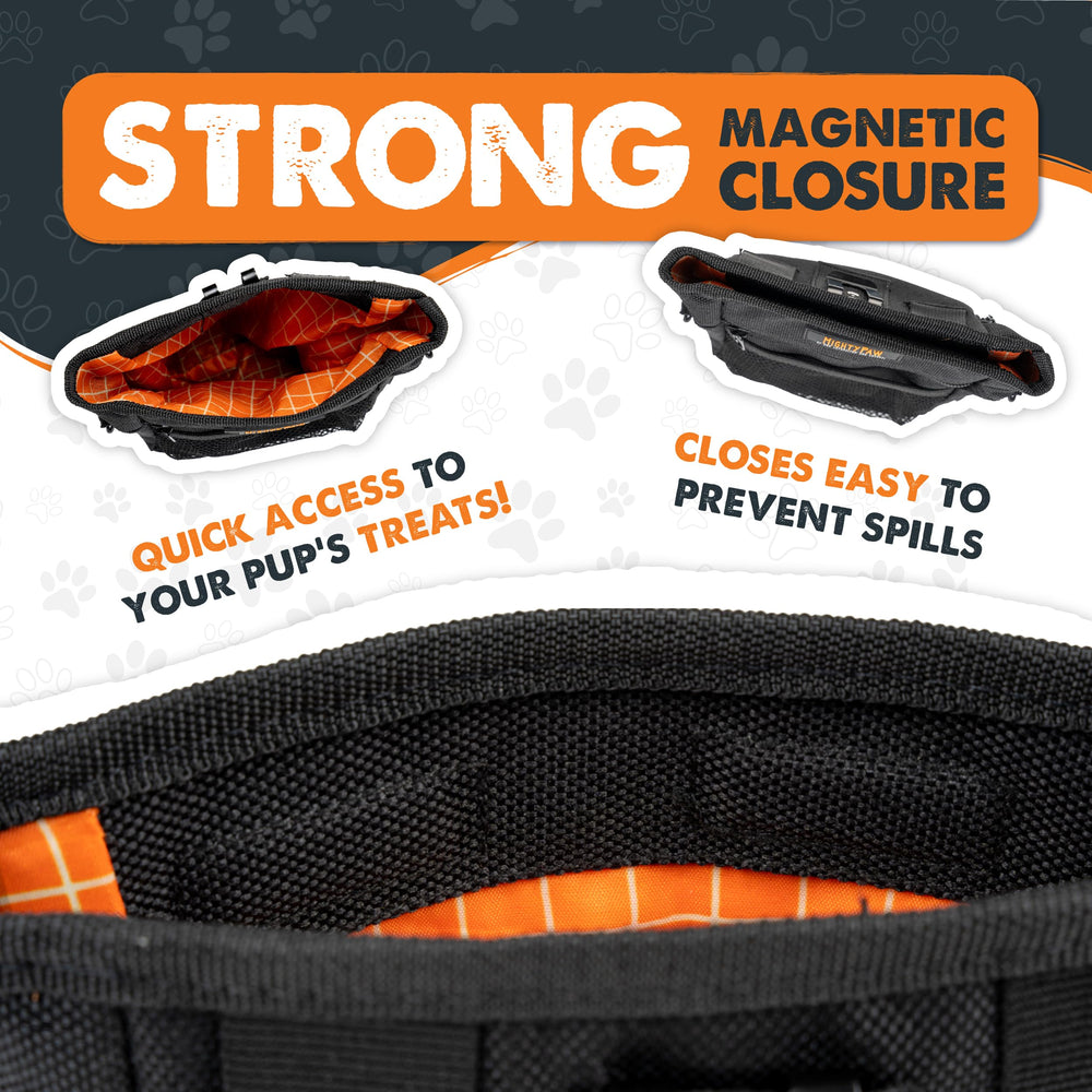 Mighty Paw dog treat pouch compartments open showing space for treats and essentials during walks.