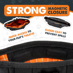 Mighty Paw dog treat pouch compartments open showing space for treats and essentials during walks.