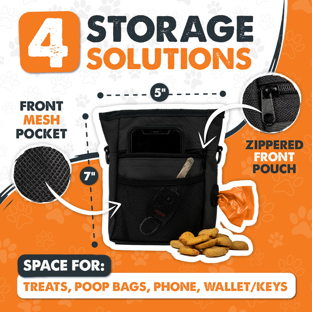 Mighty Paw dog treat pouch side view with built-in poop bag holder for on the go cleanup.