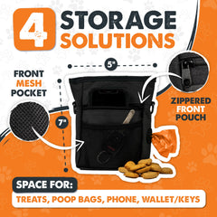 Mighty Paw dog treat pouch side view with built-in poop bag holder for on the go cleanup.