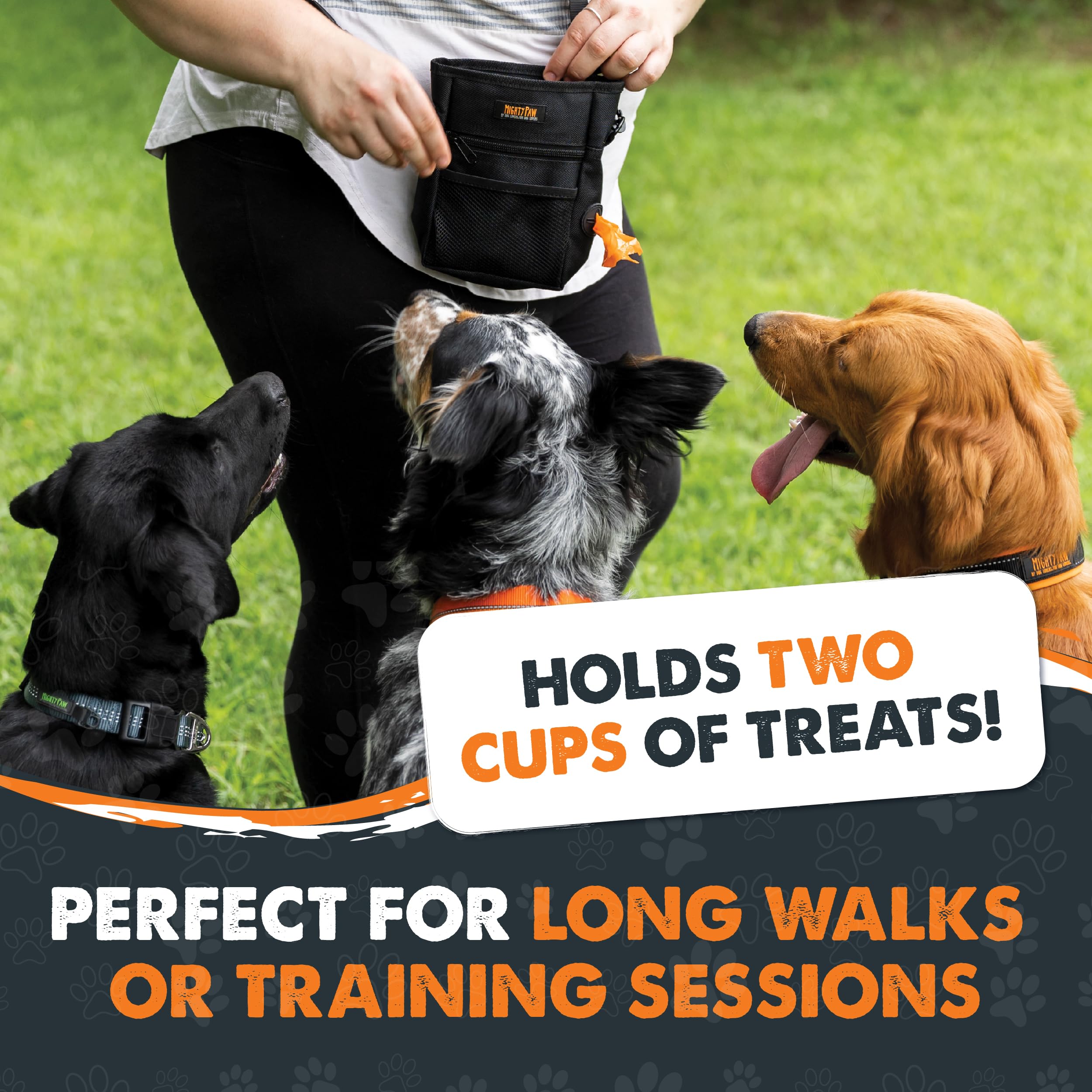 Mighty Paw dog treat pouch strap-and-clip setup showing versatile wear options.