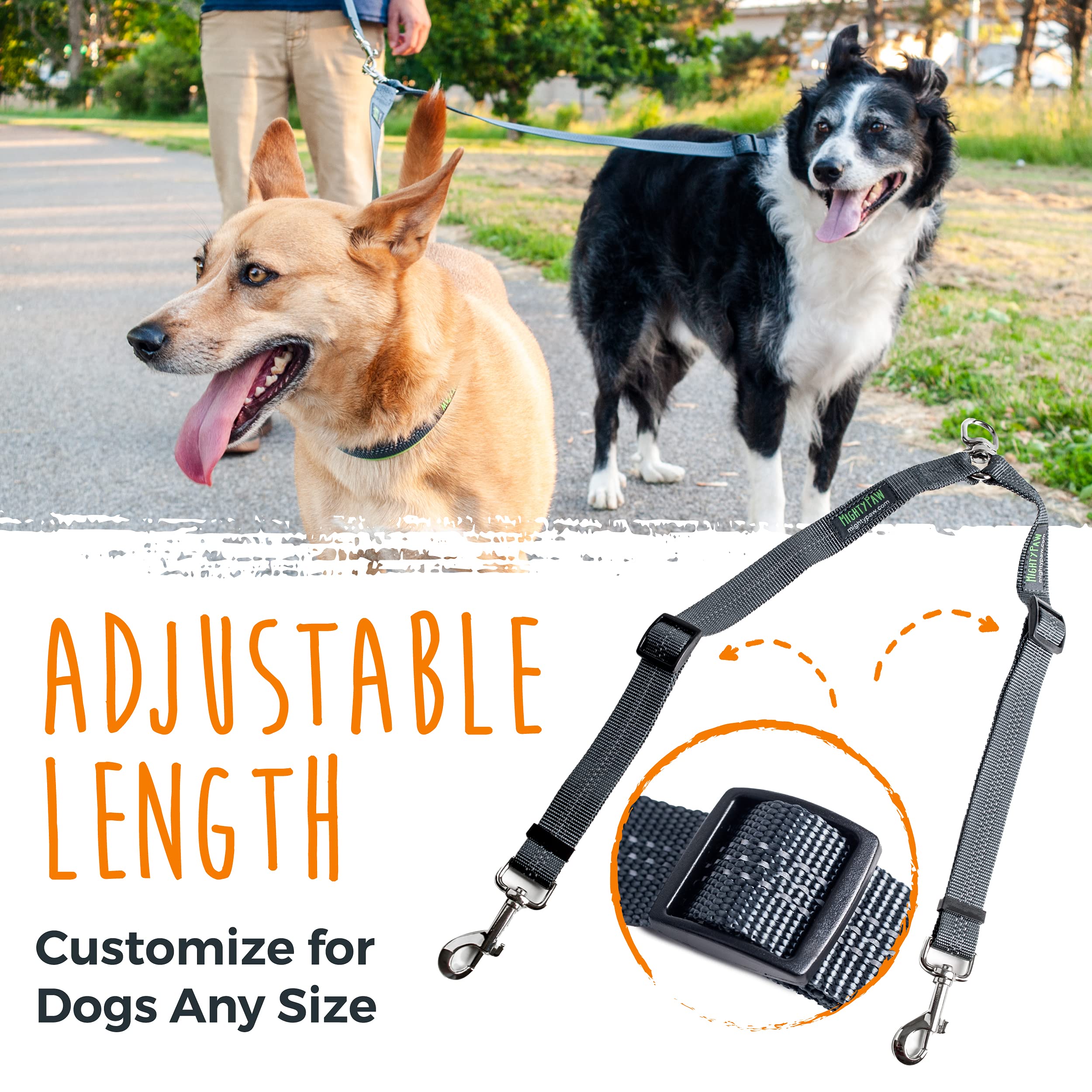 Mighty Paw dual-leash with optional padded handle for comfortable grip.