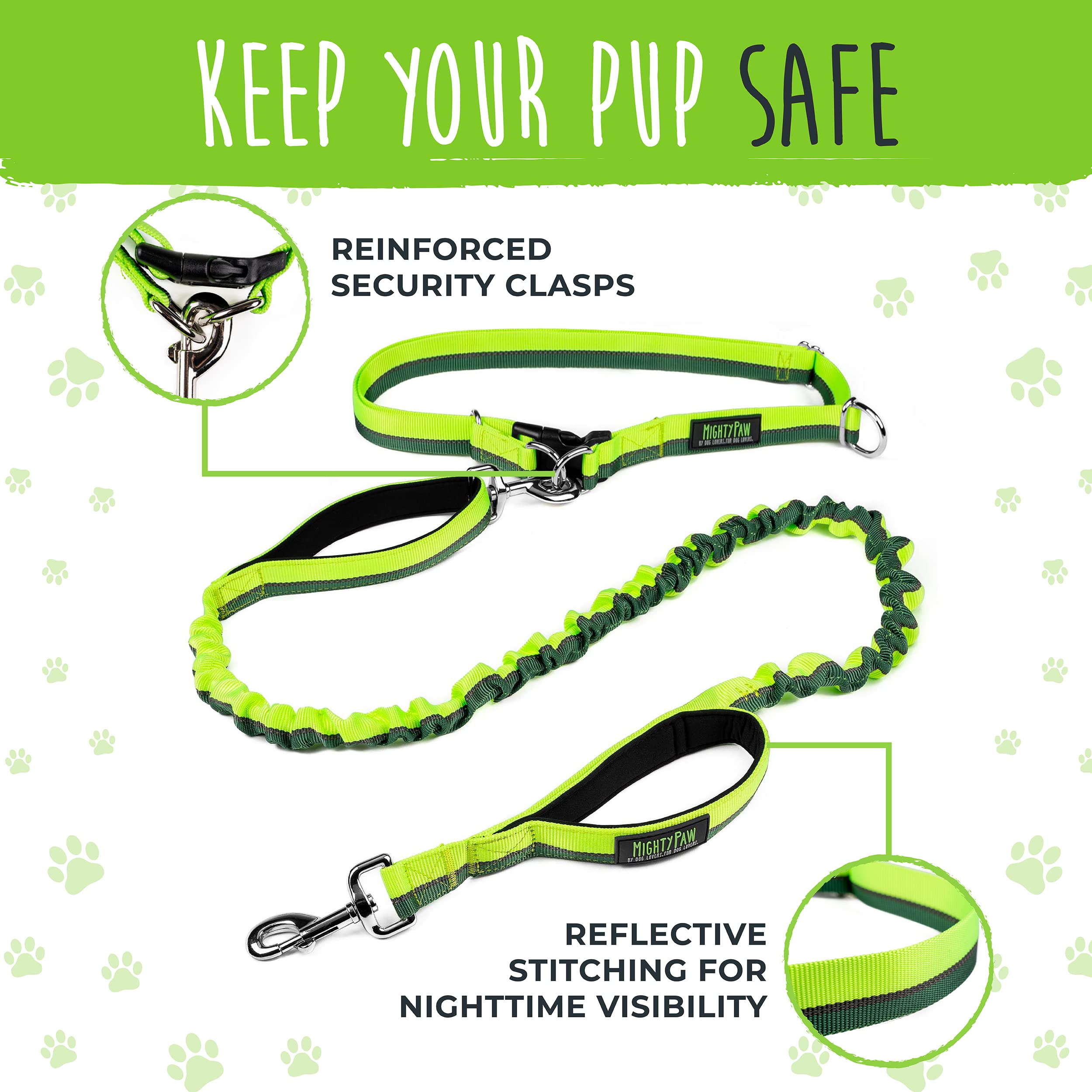 Mighty Paw Hands Free Dog Leash bungee stretch demonstrates shock-absorbent flexibility during jogs