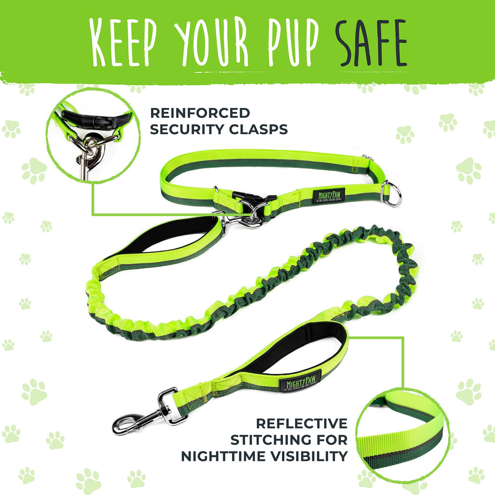 Mighty Paw Hands Free Dog Leash bungee stretch demonstrates shock-absorbent flexibility during jogs