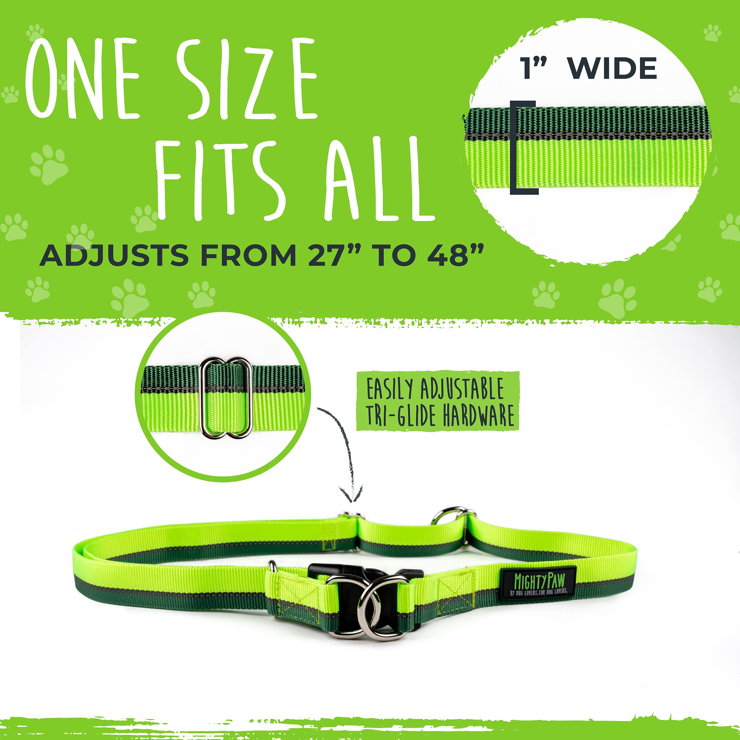 Mighty Paw Hands Free Dog Leash dog walking scene shows adaptable length for dogs of all sizes