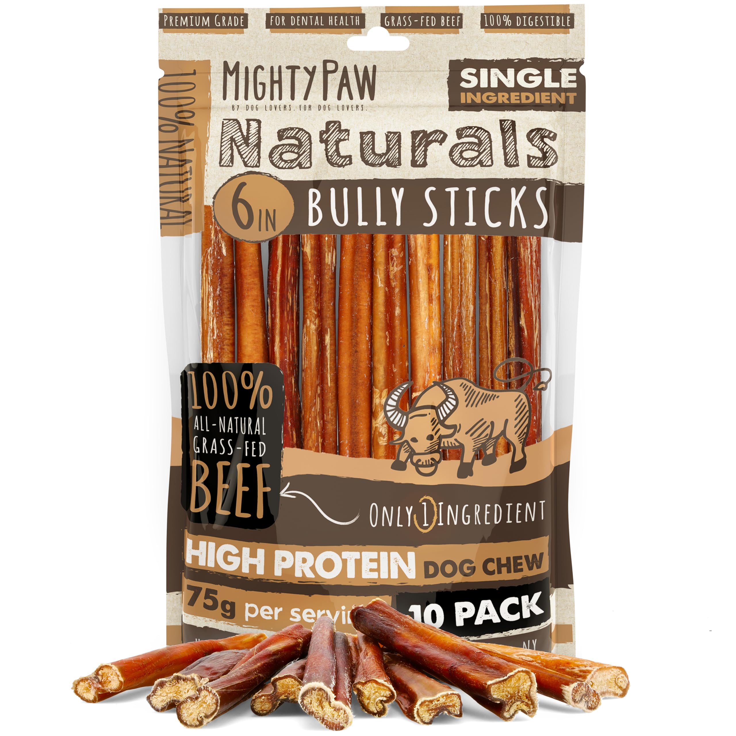 Mighty Paw Naturals grass-fed 6-inch bully sticks for durable, tasty chew