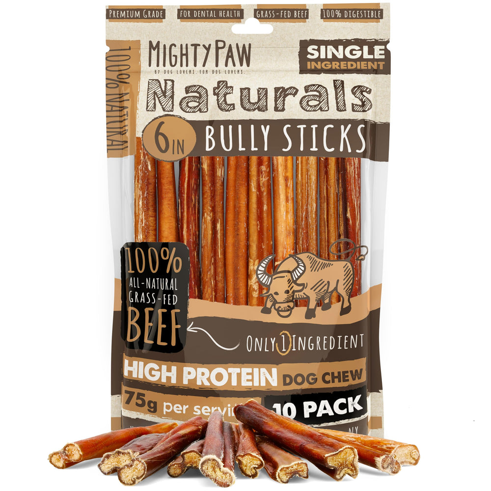 Mighty Paw Naturals grass-fed 6-inch bully sticks for durable, tasty chew