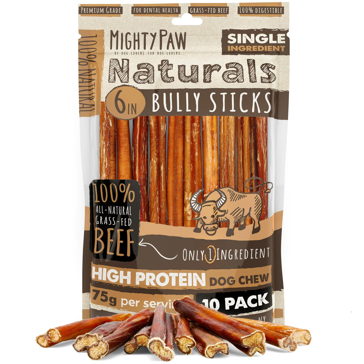 Mighty Paw Naturals grass-fed 6-inch bully sticks for durable, tasty chew