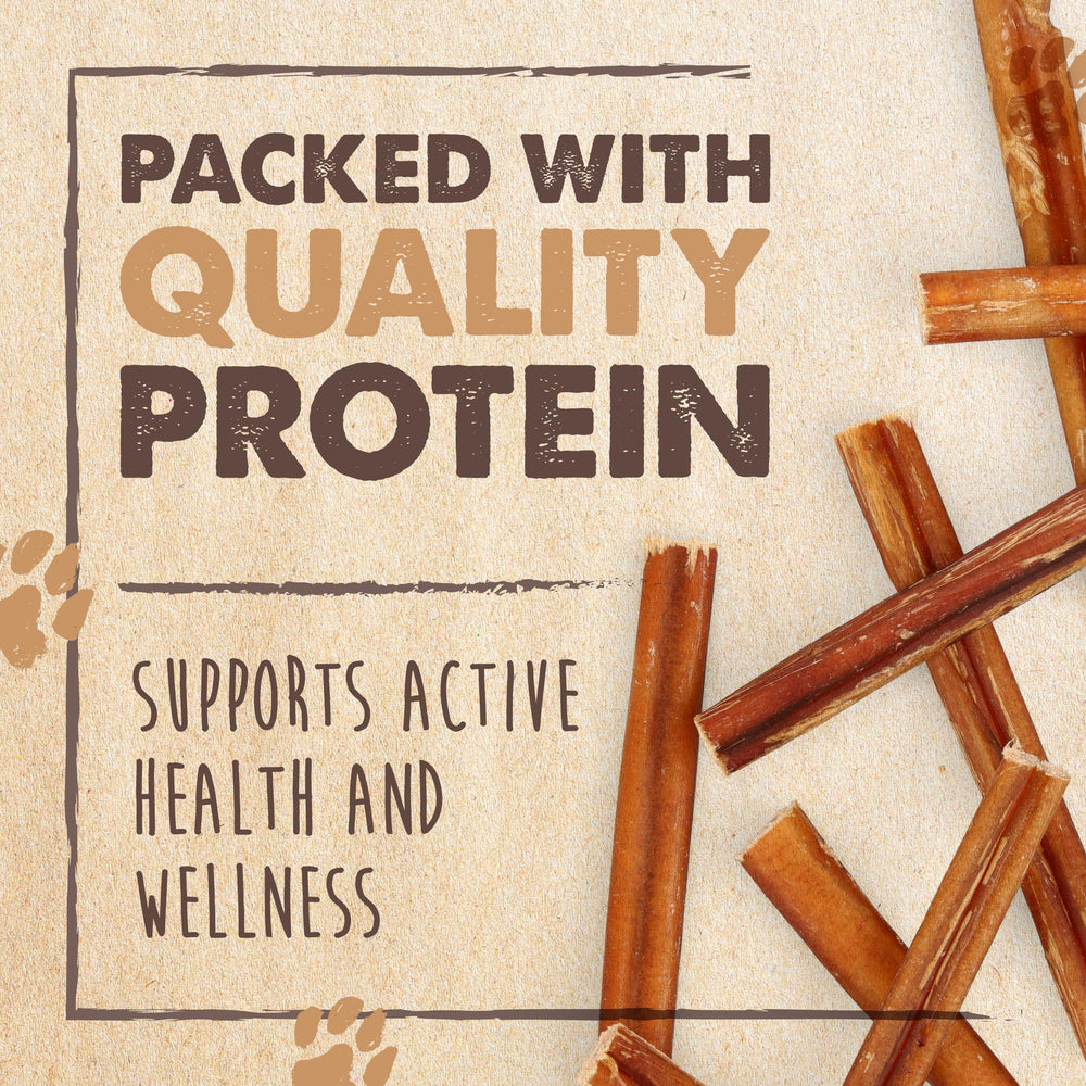 Mighty Paw Naturals bully sticks packaging side view with ingredient highlights
