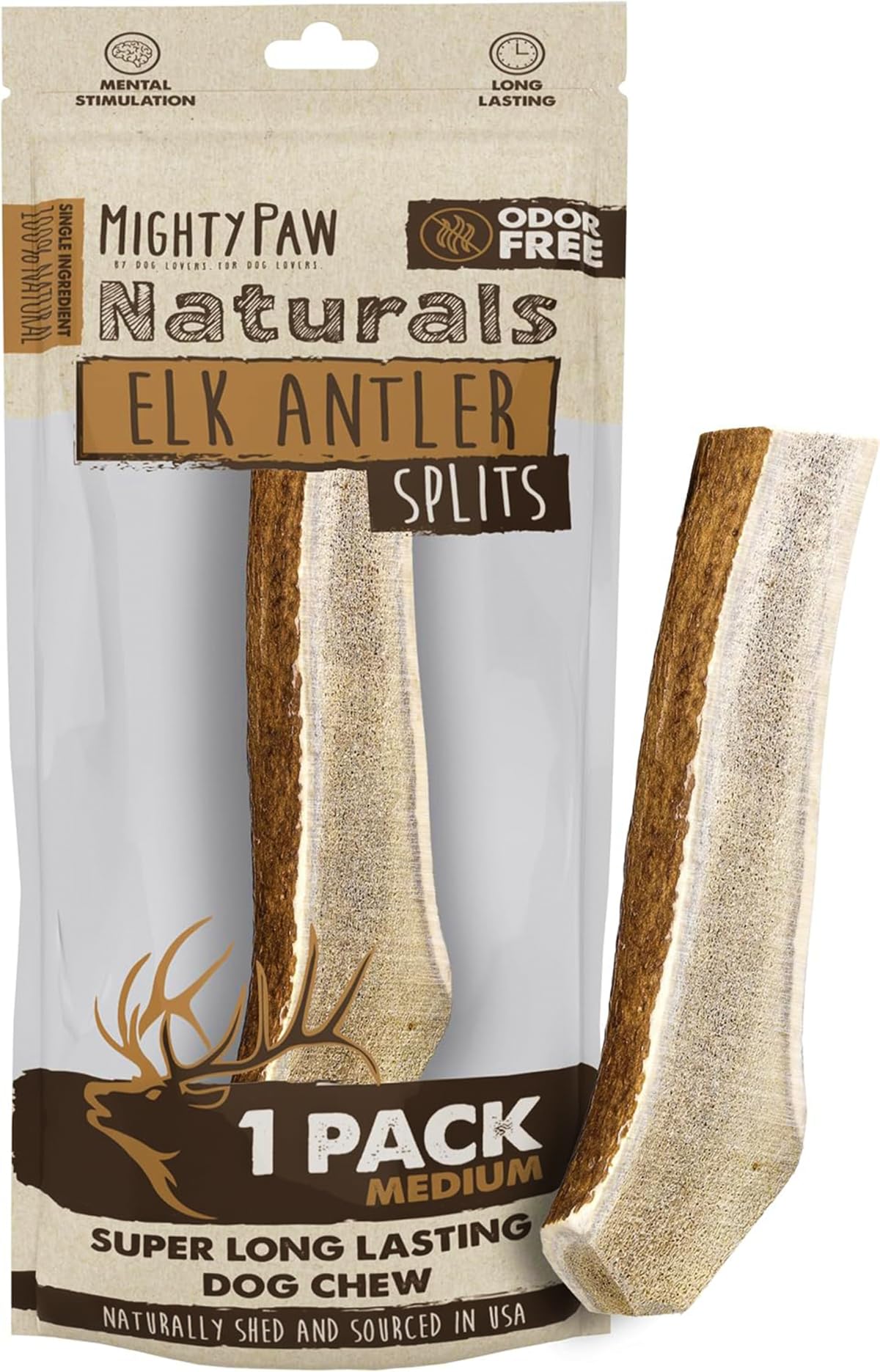 Mighty Paw Naturals split elk antler chew close-up shows rugged texture for aggressive chewers