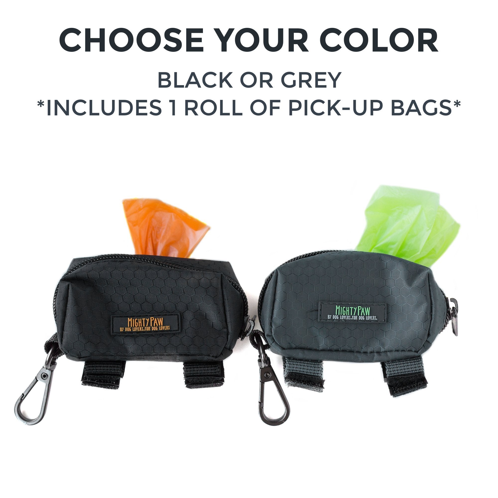 Mighty Paw Poop Bag Holder carabiner clip secures to belt or leash for hands-free use.