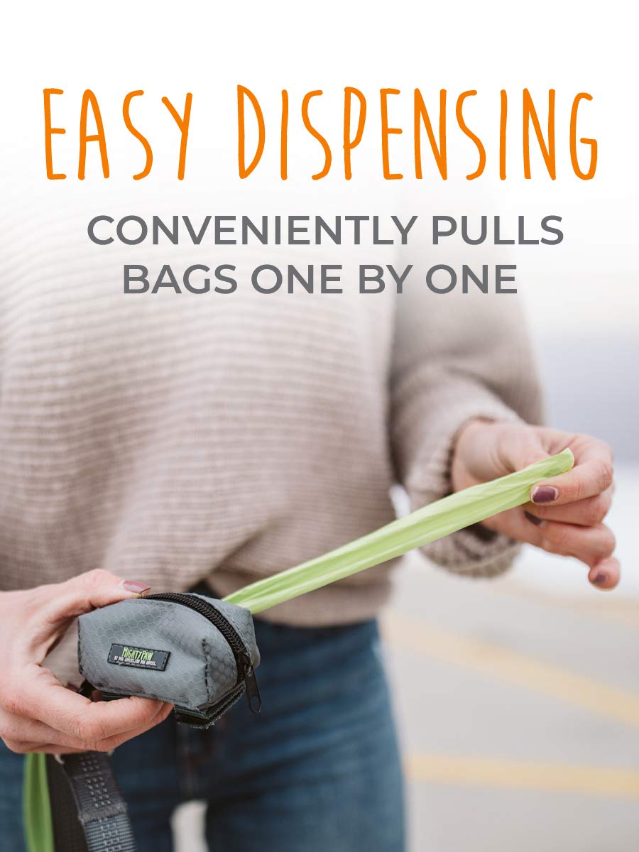 Mighty Paw Poop Bag Holder easy-access slot dispenses one bag at a time.
