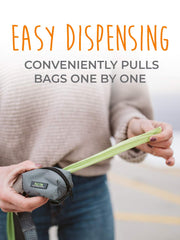 Mighty Paw Poop Bag Holder easy-access slot dispenses one bag at a time.