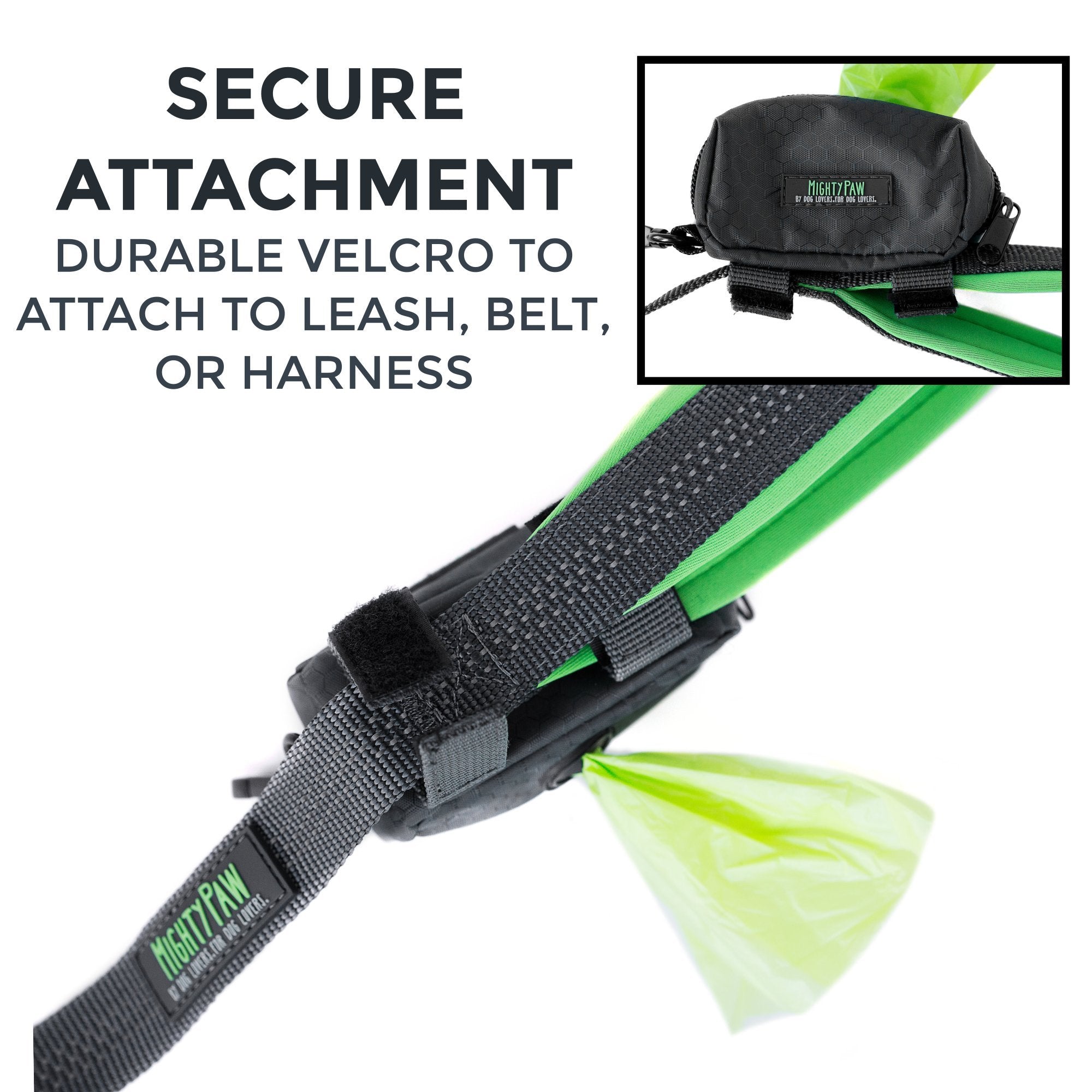 Mighty Paw Poop Bag Holder grey-green color coordinating with outdoor gear.