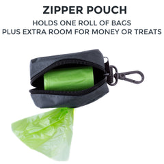 Mighty Paw Poop Bag Holder two-strap attachment clamps securely to gear.
