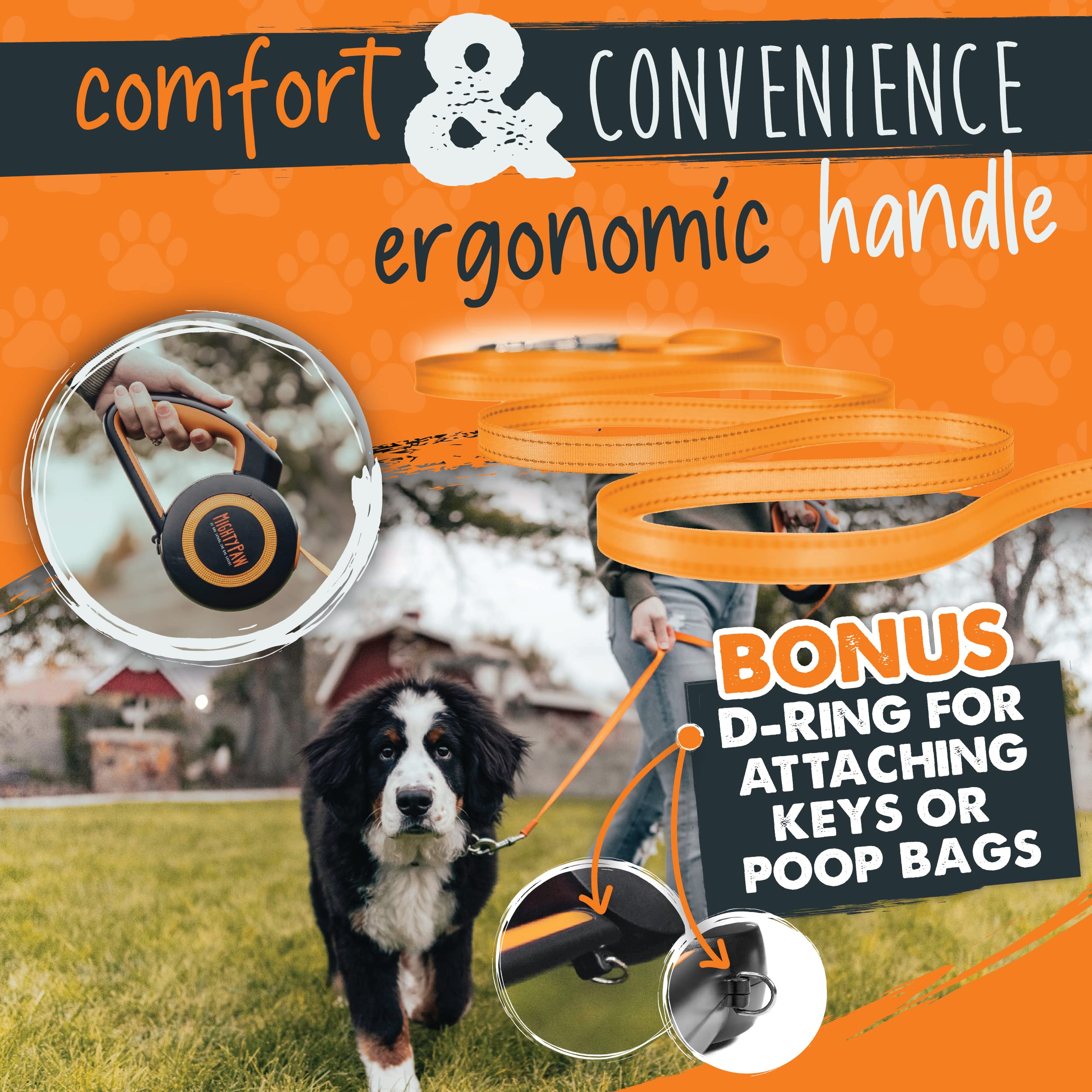Mighty Paw Retractable Leash 2.0 heavy-duty nylon tape resists wear.