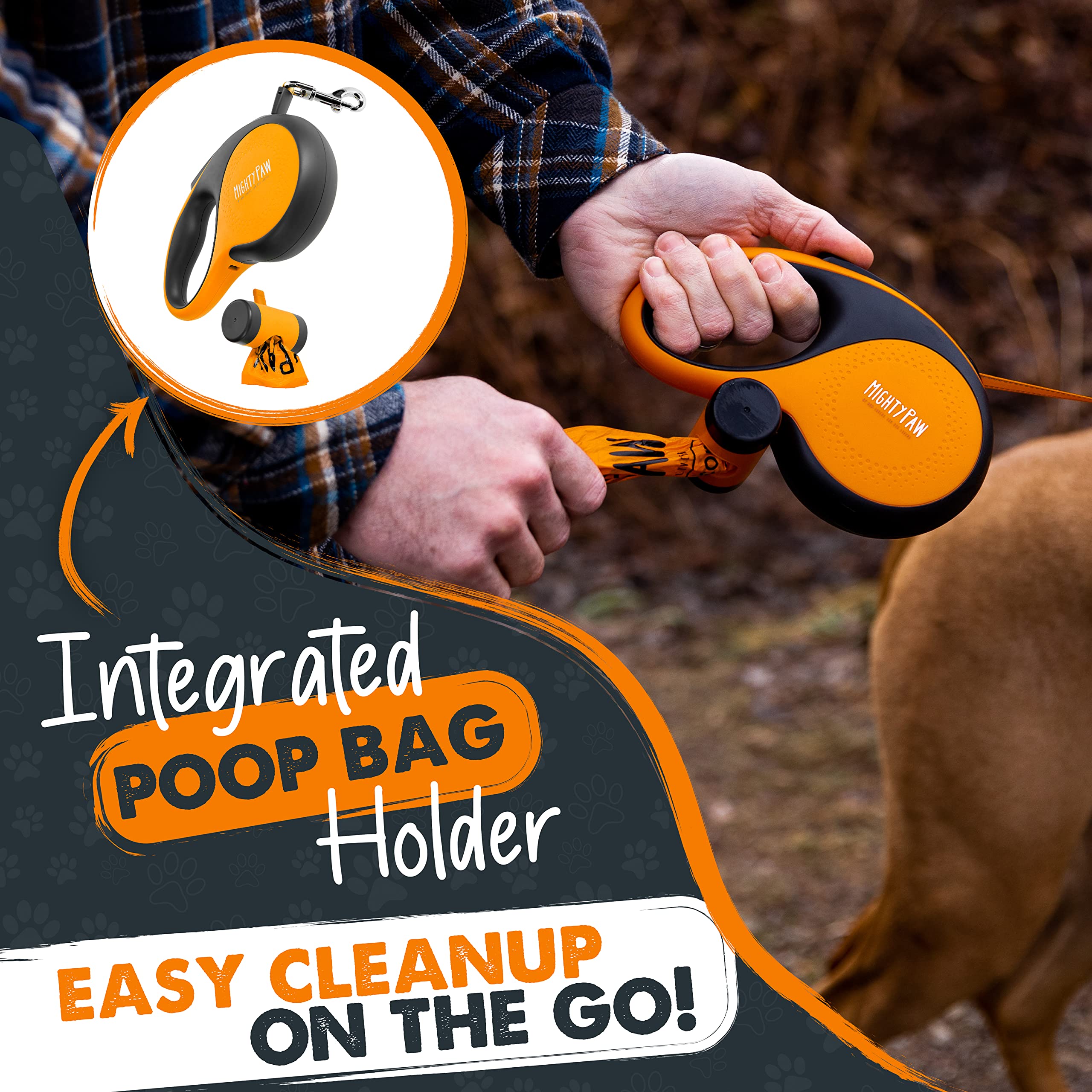 Mighty Paw leash's one-touch braking system provides quick, reliable length control.