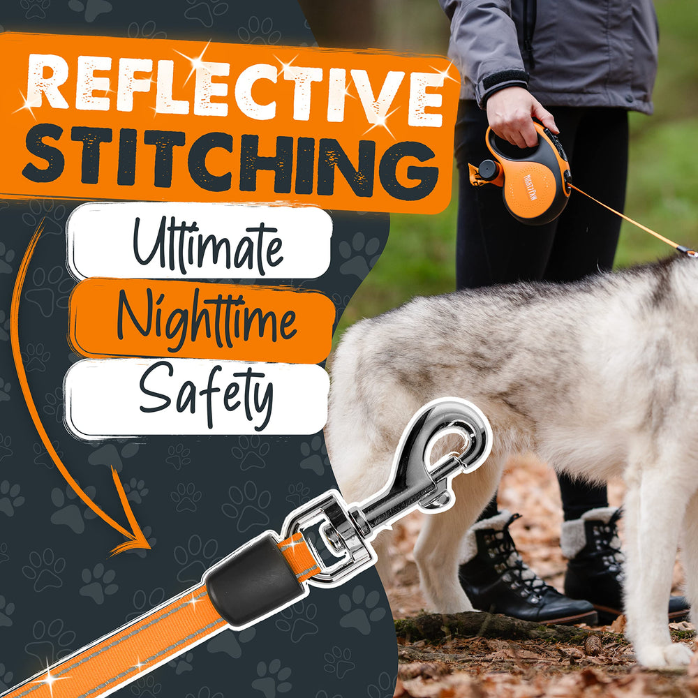 Mighty Paw leash shows integrated poop bag holder with included bags.