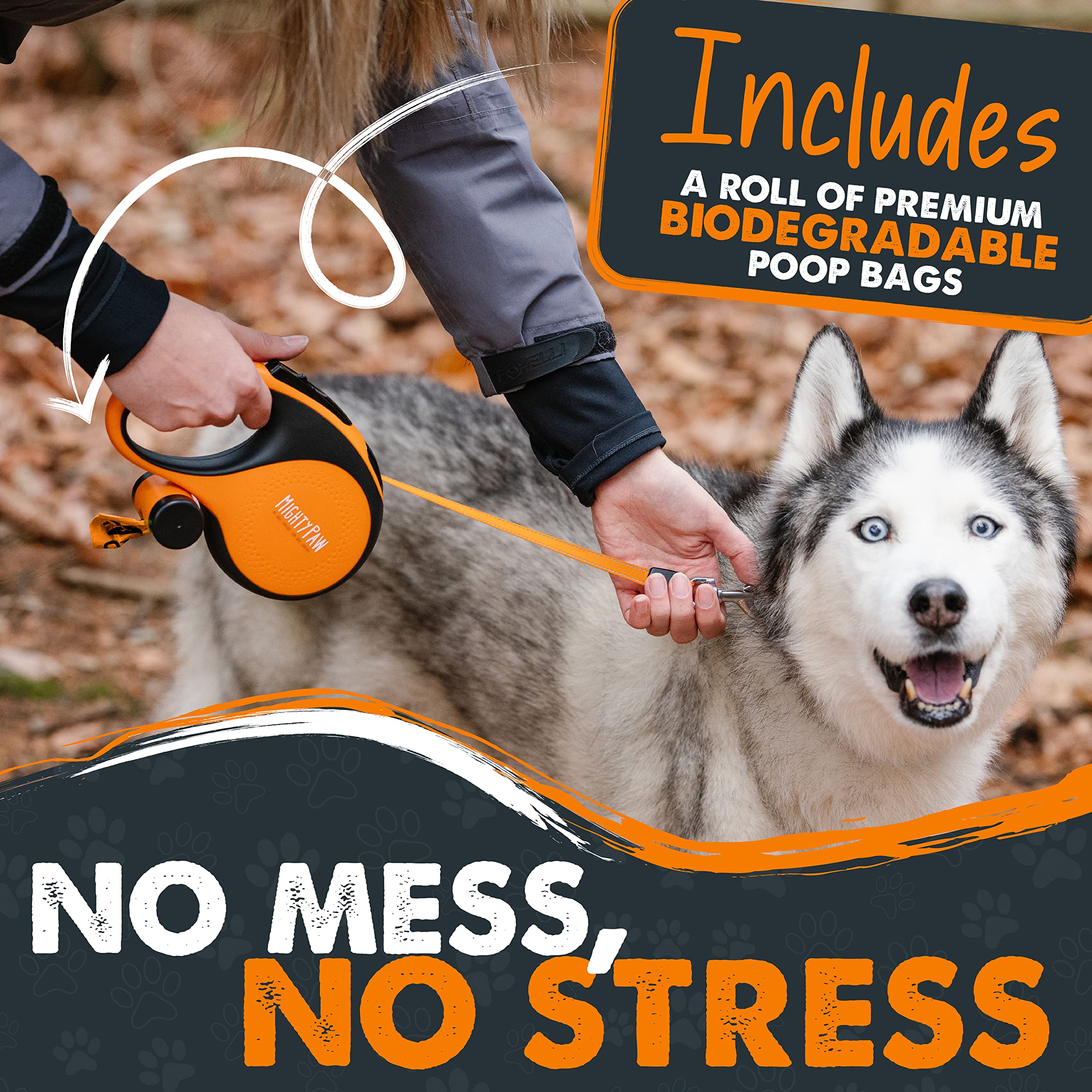 Mighty Paw leash features reflective nylon tape for improved visibility.
