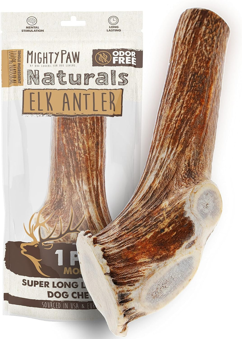 Mighty Paw split-elk-antlers dog chew – durable, promotes dental health and mental engagement.