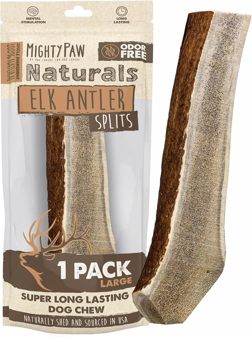 Mighty Paw split elk antlers for dogs pack closeup shows natural texture for long-lasting chewing