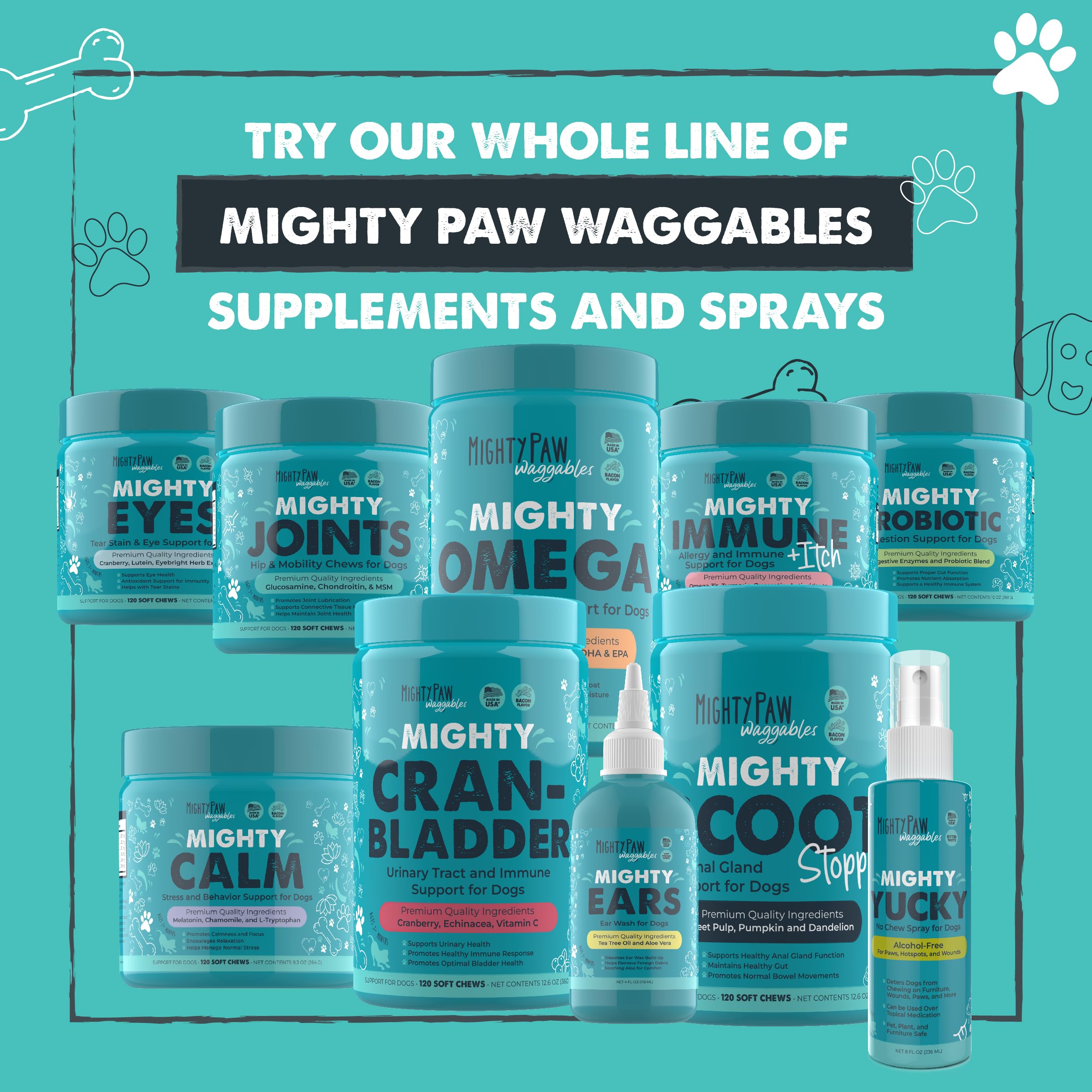 120-count Mighty Paw Waggables bottle designed for daily use.