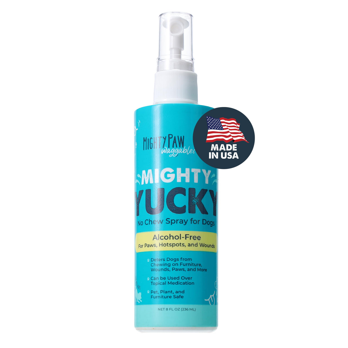 Mighty Paw Waggables 8oz bottle front showing the pet-safe deterrent for dogs.
