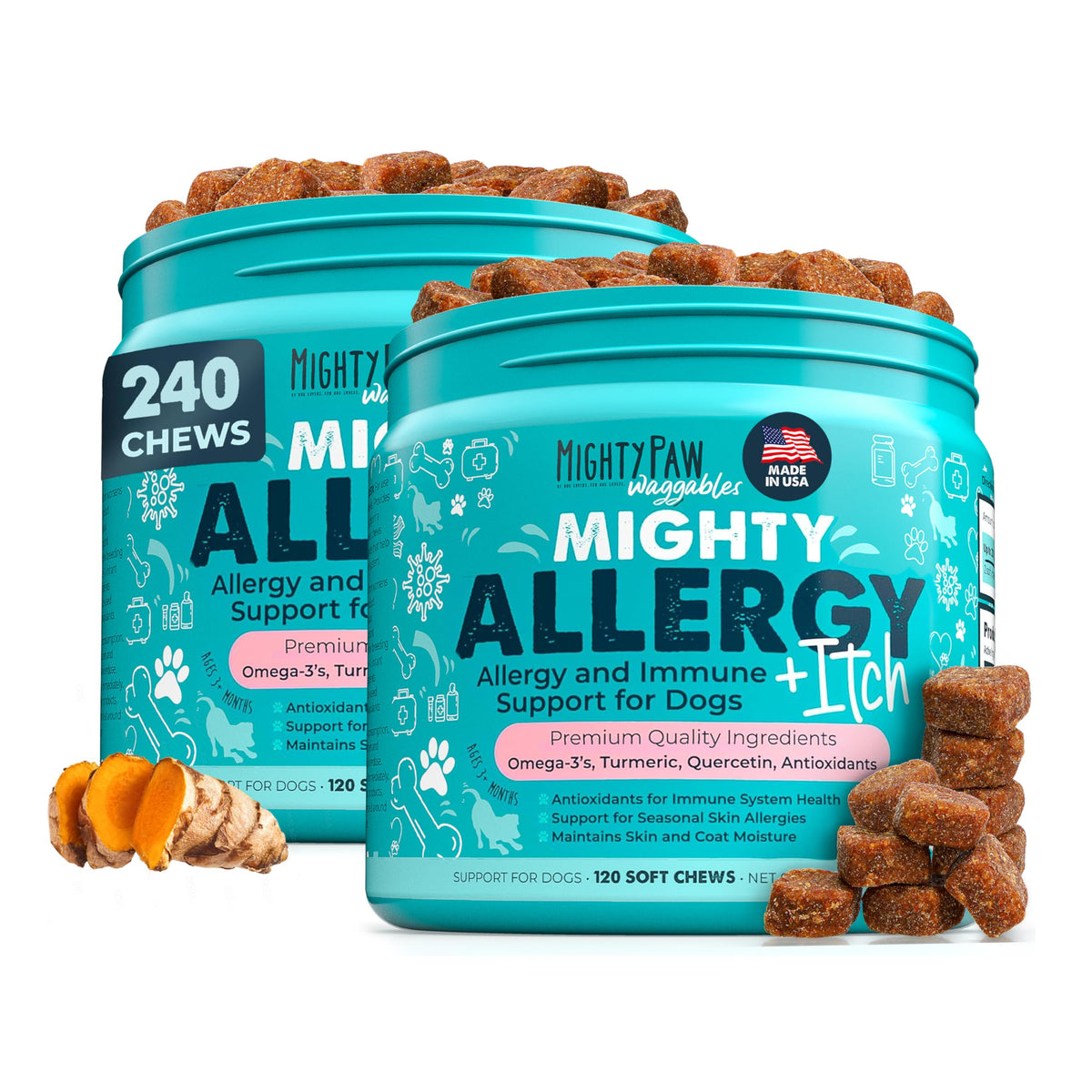 Mighty Paw Waggables 2-pack box showing bacon-flavored allergy-immune chews for dogs