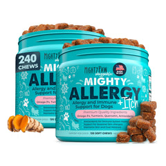 Mighty Paw Waggables 2-pack box showing bacon-flavored allergy-immune chews for dogs