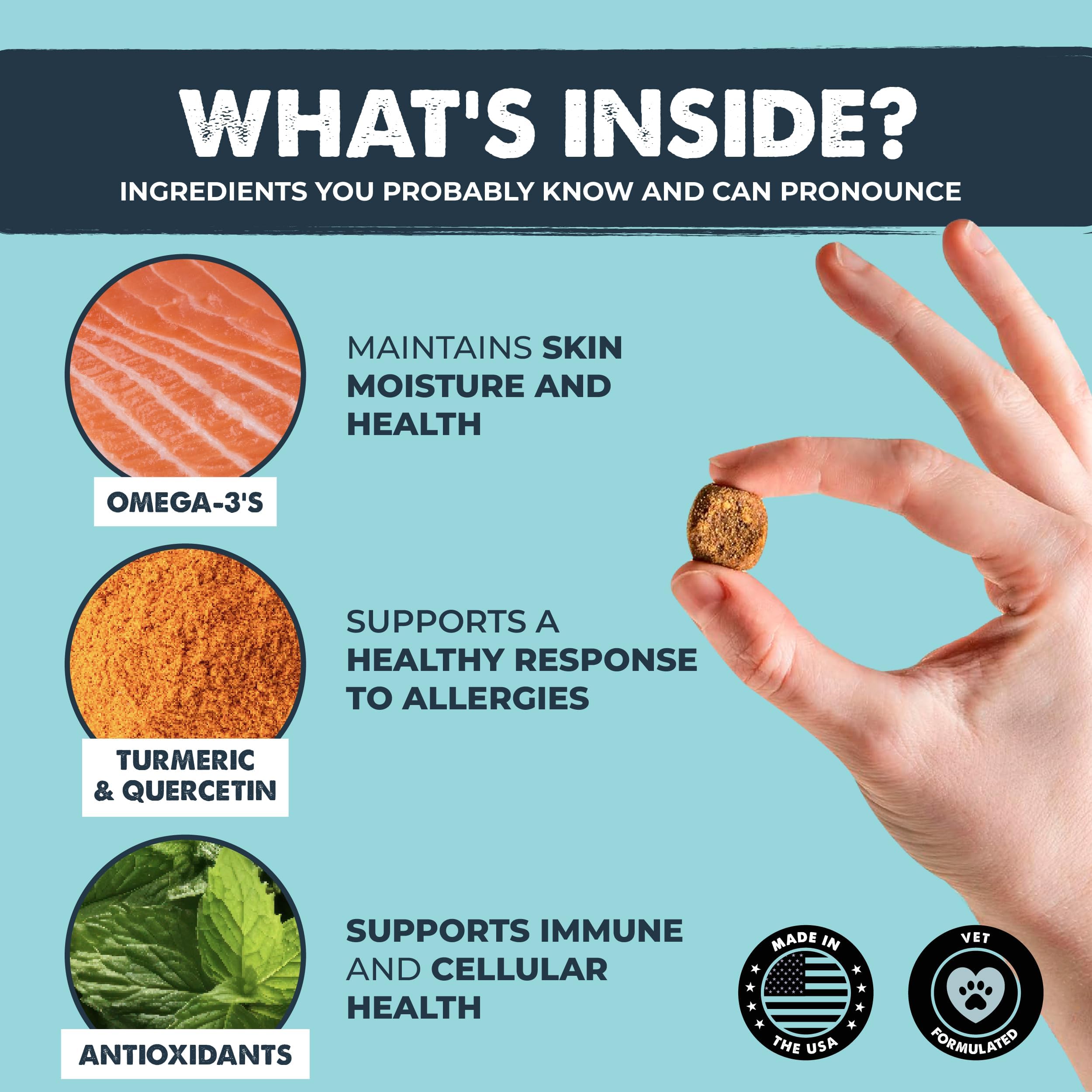 Mighty Paw Waggables bacon-flavored chews with omega-3s shown in serving portion for skin and coat support