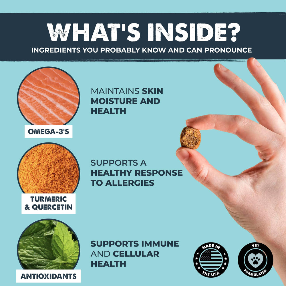 Mighty Paw Waggables bacon-flavored chews with omega-3s shown in serving portion for skin and coat support