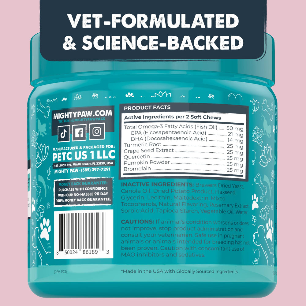 Mighty Paw Waggables serving-size bottle and chews ready for daily use