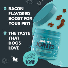 Close-up of bacon-flavored Mighty Paw Waggables chew, easy to feed.