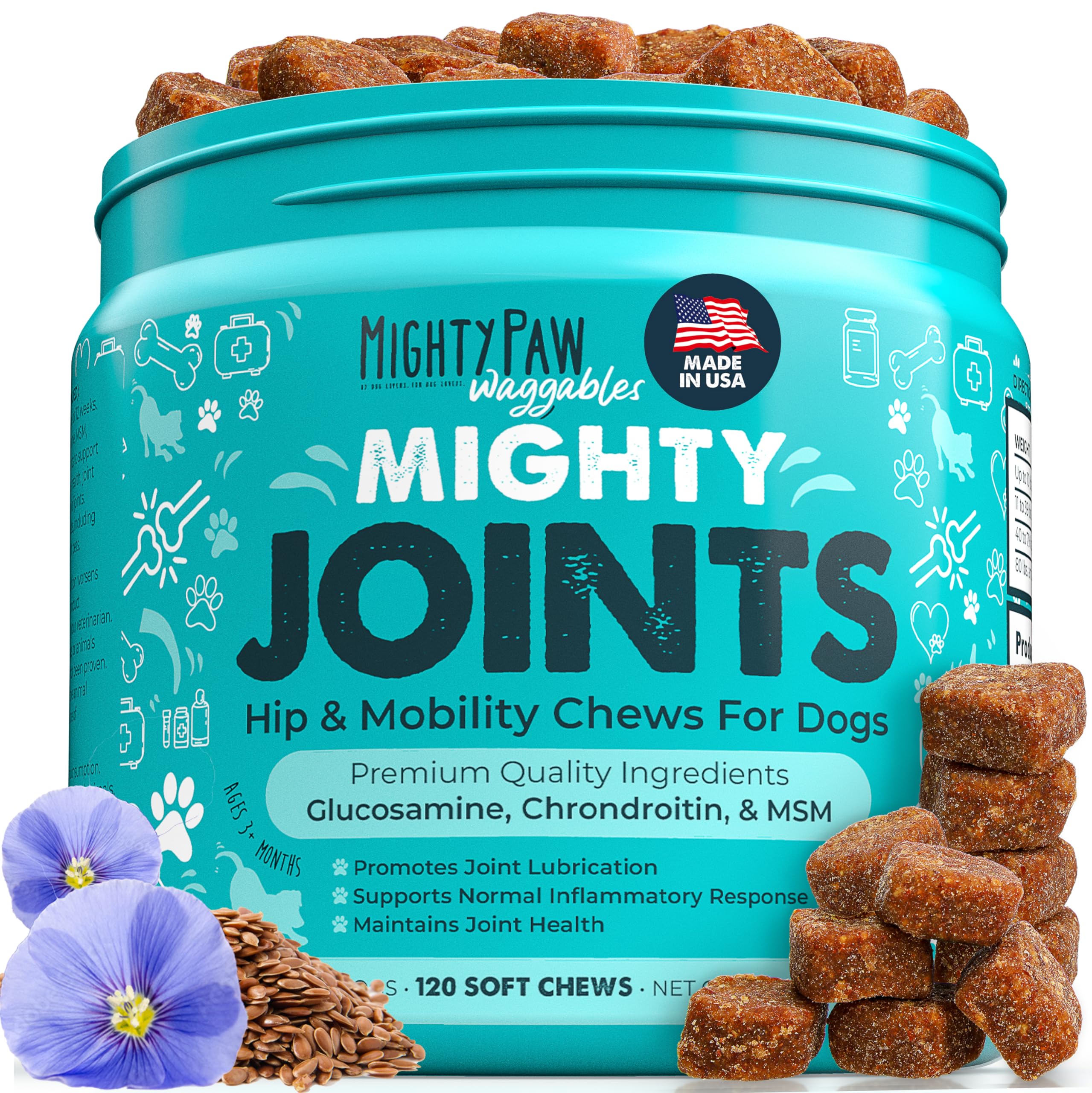 Mighty Paw Waggables bottle label showcases vet-formulated joint support for dogs.