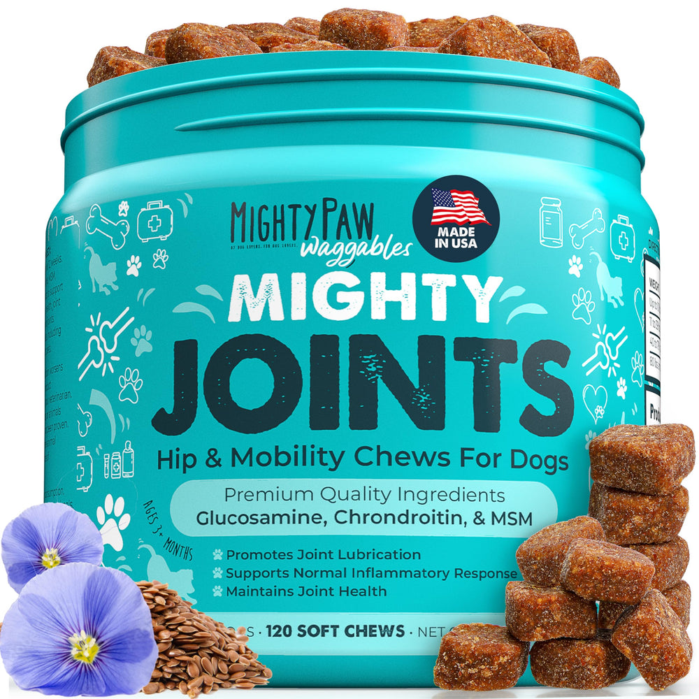 Mighty Paw Waggables bottle label showcases vet-formulated joint support for dogs.