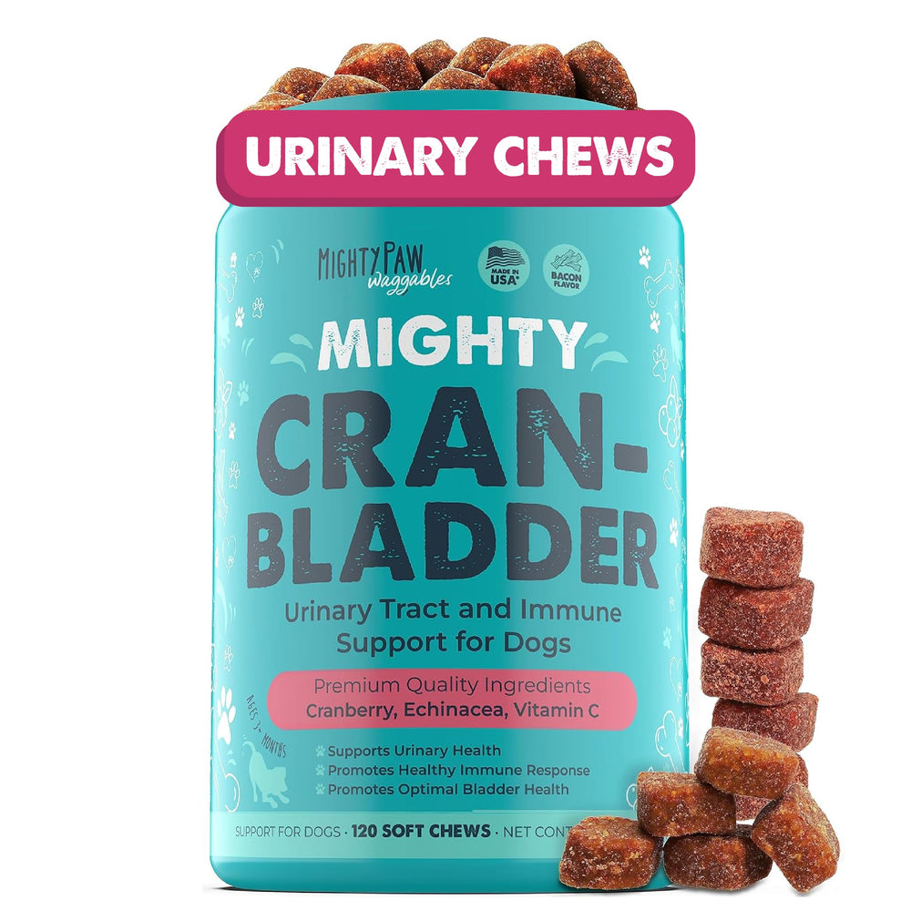 Mighty Paw Waggables Cran-Bladder bottle shows USA-made cranberry supplement for urinary health support