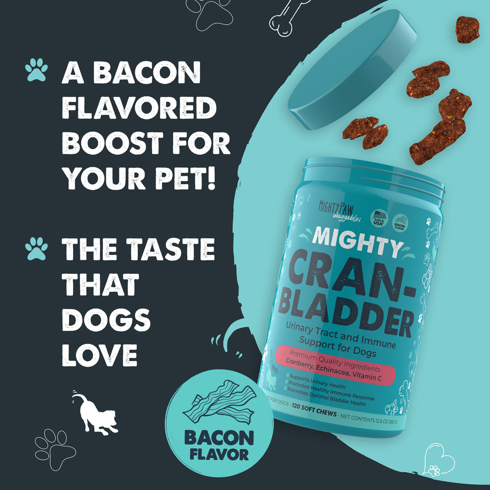 Mighty Paw Waggables Cran-Bladder dog-eating scene demonstrates simple daily administration