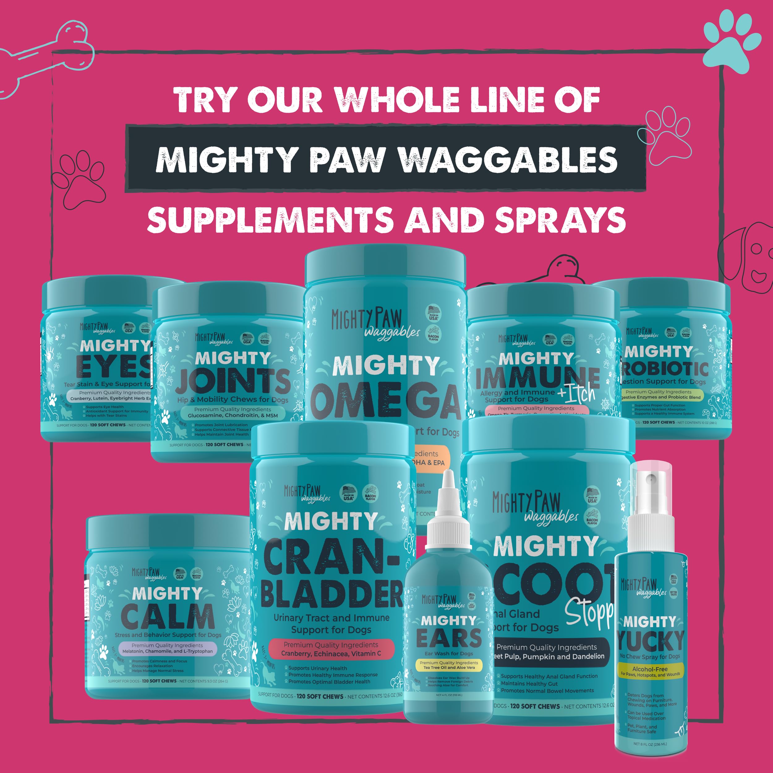 Mighty Paw Waggables Cran-Bladder front-packaging communicates flavor and daily-use benefits