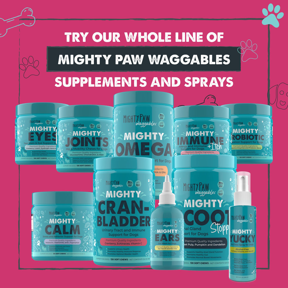 Mighty Paw Waggables Cran-Bladder front-packaging communicates flavor and daily-use benefits