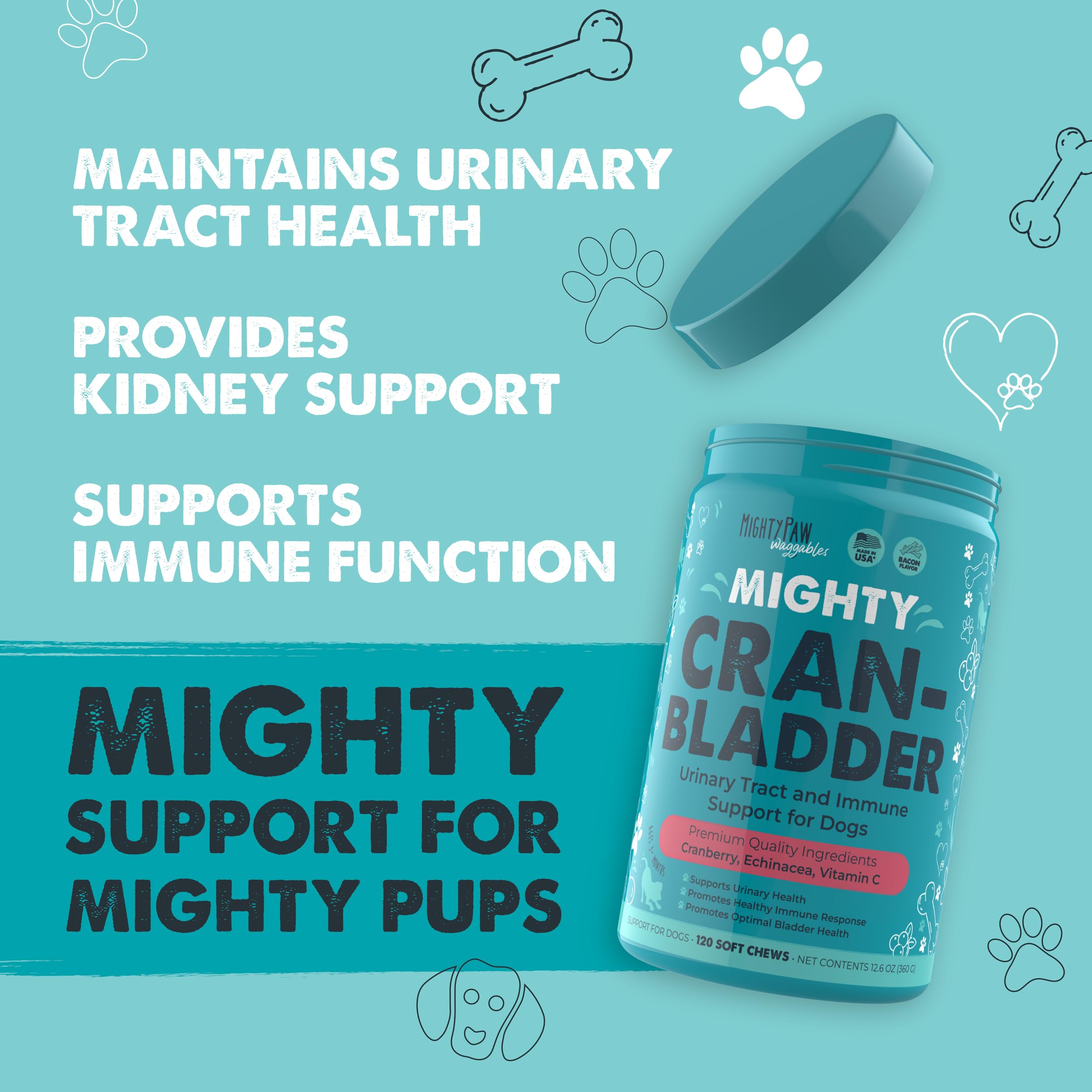 Mighty Paw Waggables Cranberry Chews closeup highlight bacon flavor for daily canine dosing