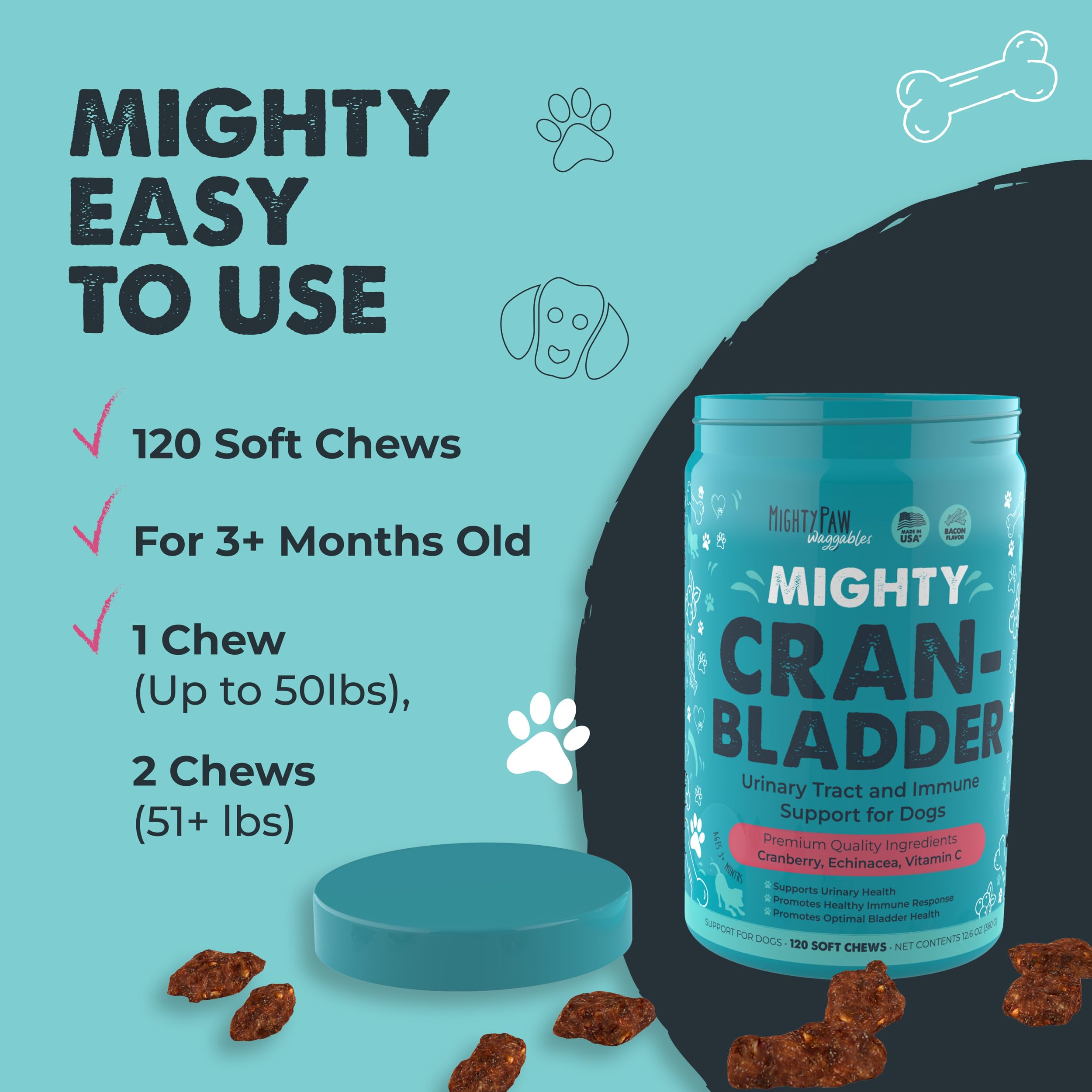 Mighty Paw Waggables Cranberry Ingredients chart lists cranberry, echinacea, and vitamin C for overall wellness