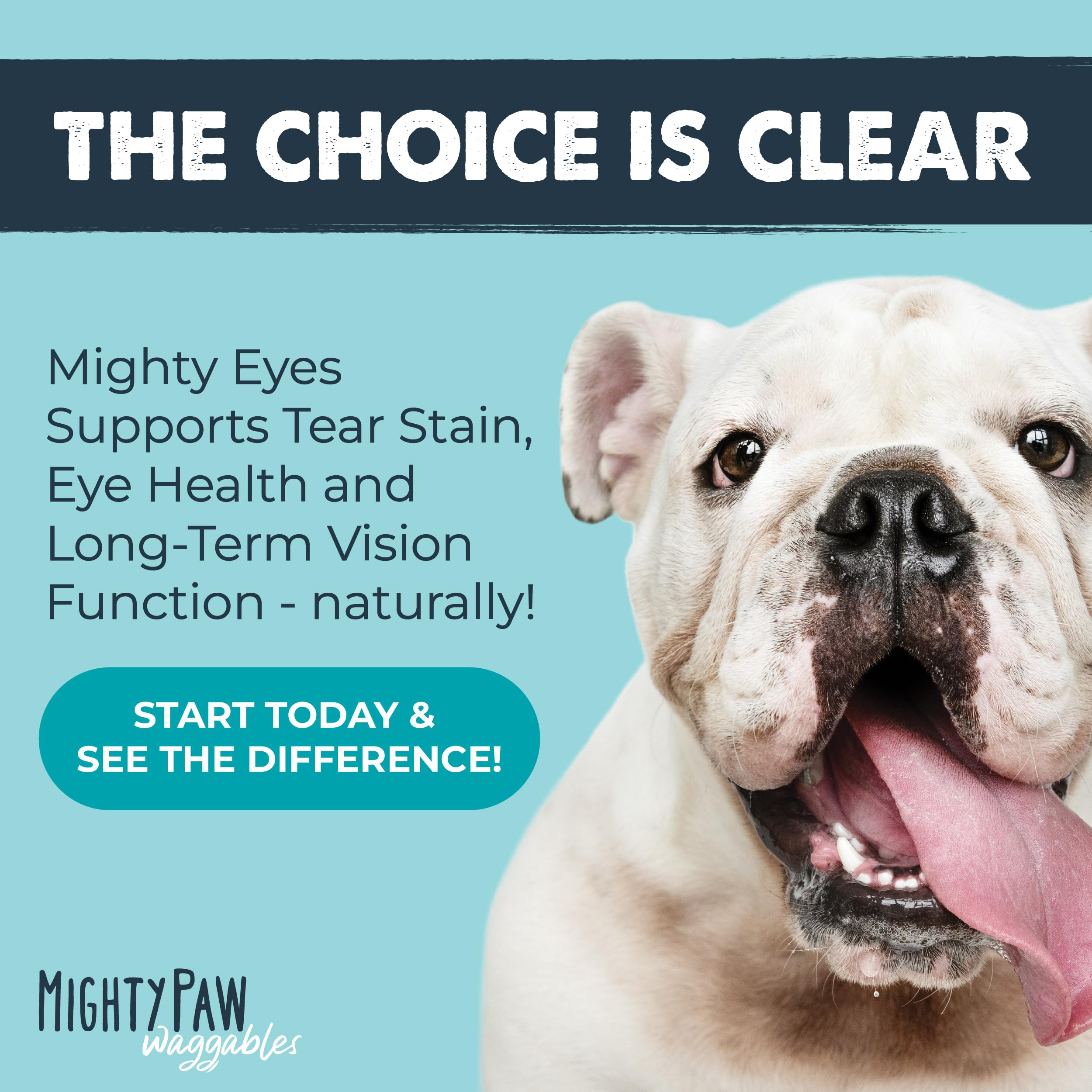 Mighty Paw Waggables Eyes packaging note vet-formulated design for pet wellness