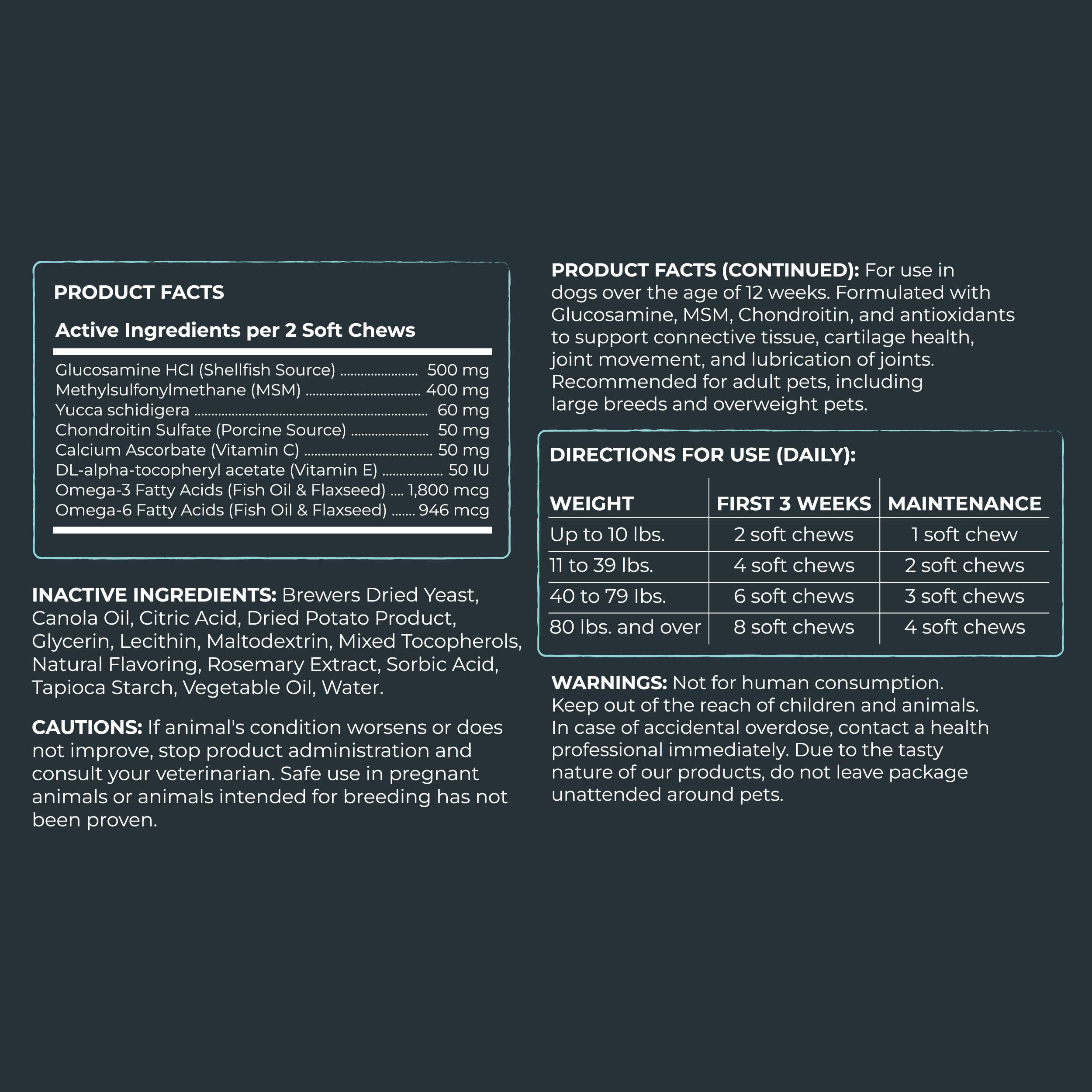 Ingredients list showing glucosamine, chondroitin, and MSM for joint wellness.
