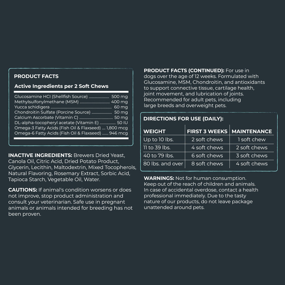 Ingredients list showing glucosamine, chondroitin, and MSM for joint wellness.