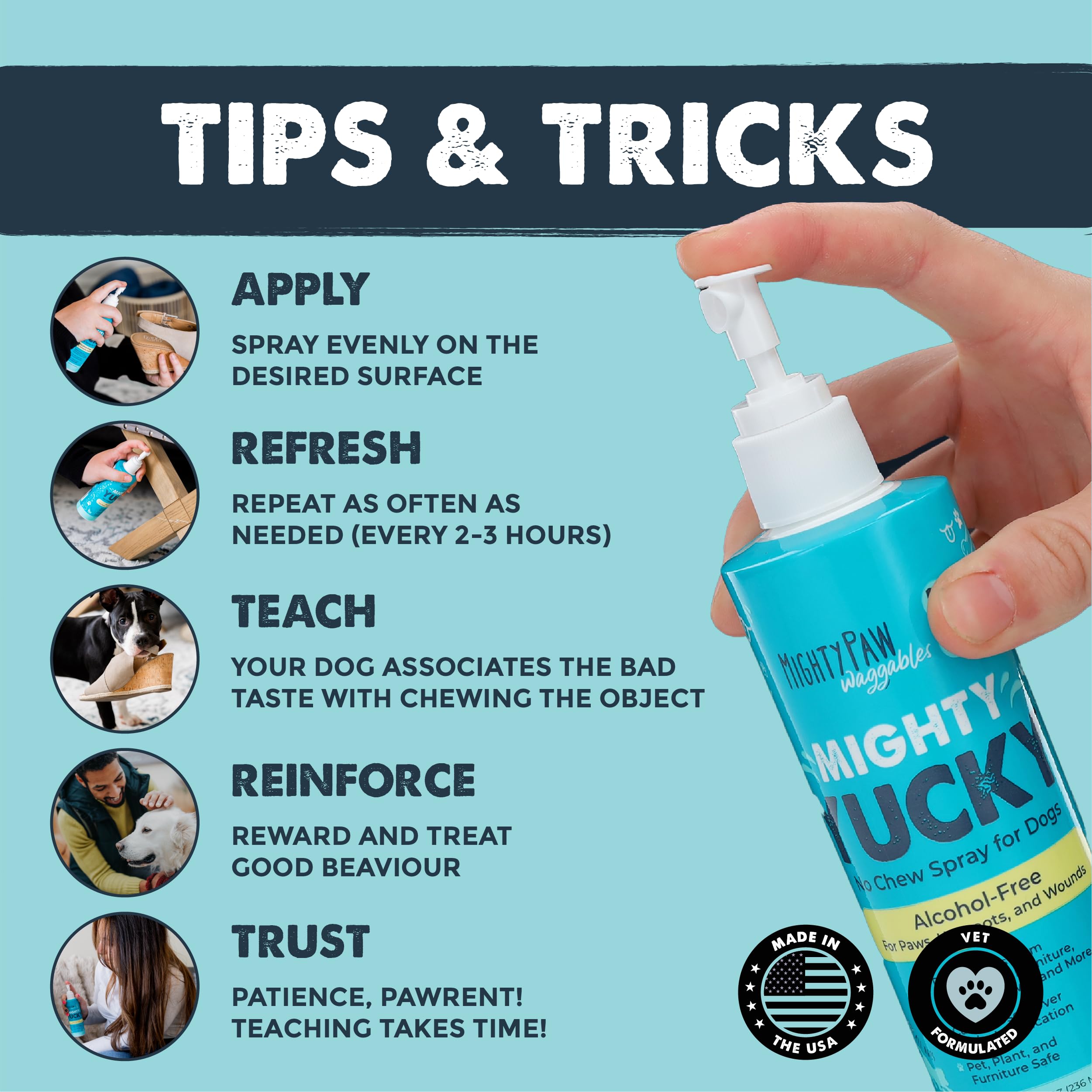 Mighty Paw Waggables no-chew spray dispense demonstrates easy application.