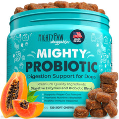 Mighty Paw Waggables bottle label shows dog probiotic chews for digestive support.